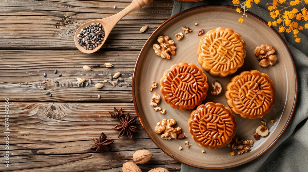 Mooncakes with Nuts and Seeds on a Wooden Plate for Culinary Showcases Mooncakes with Nuts and Seeds on a Wooden Plate for Culinary Showcases