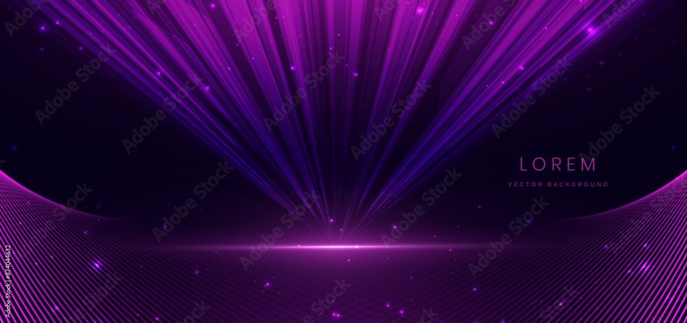 Fototapeta premium Abstract purple neon light lines and sparkle on dark purple background. Award concept.