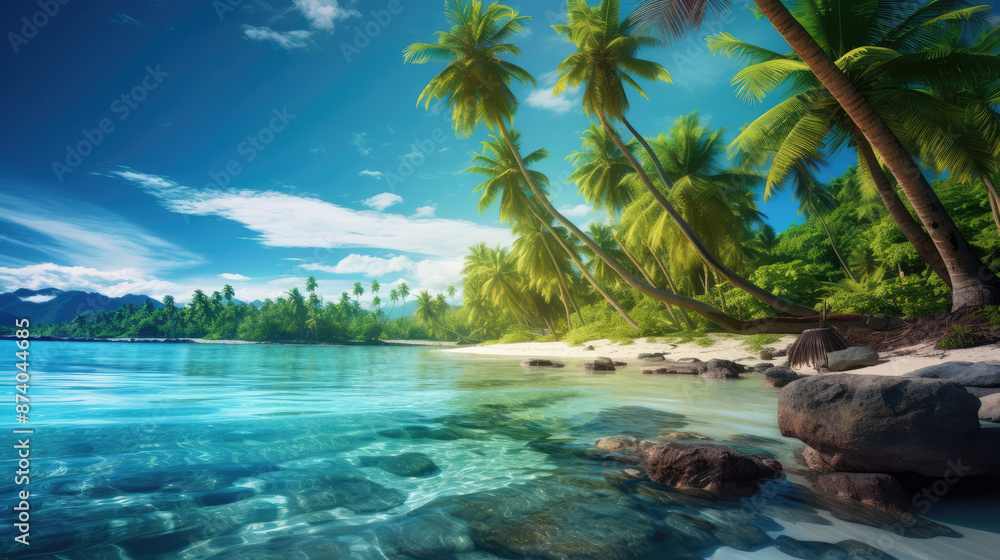 Tropical beach with coconut palm trees. lagoon., generative ai Tropical beach with coconut palm trees. lagoon., generative ai