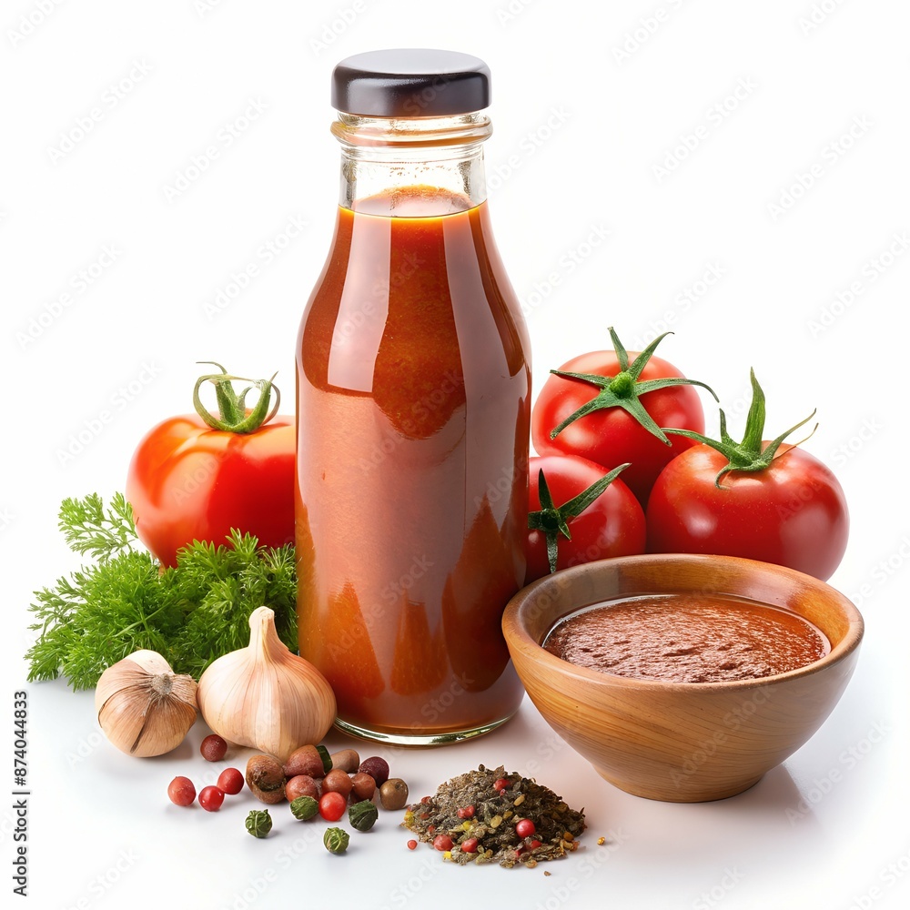 Tomato Puree Bottle with Spices Isolated White Background Tomato Puree Bottle with Spices Isolated White Background