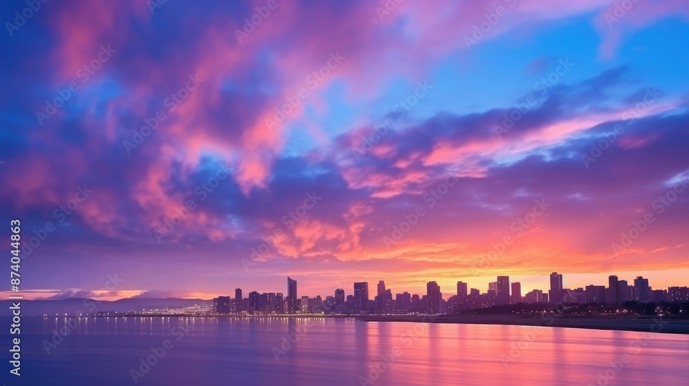 Fototapeta premium Beautiful skyline of the city by the sea, sunset or sunrise, generative ai