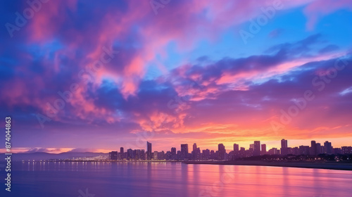Beautiful skyline of the city by the sea, sunset or sunrise, generative ai © Fang
