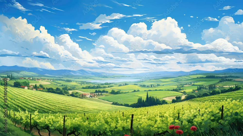 Landscape of vineyard in green hills and blue sky with clouds., generative ai Landscape of vineyard in green hills and blue sky with clouds., generative ai
