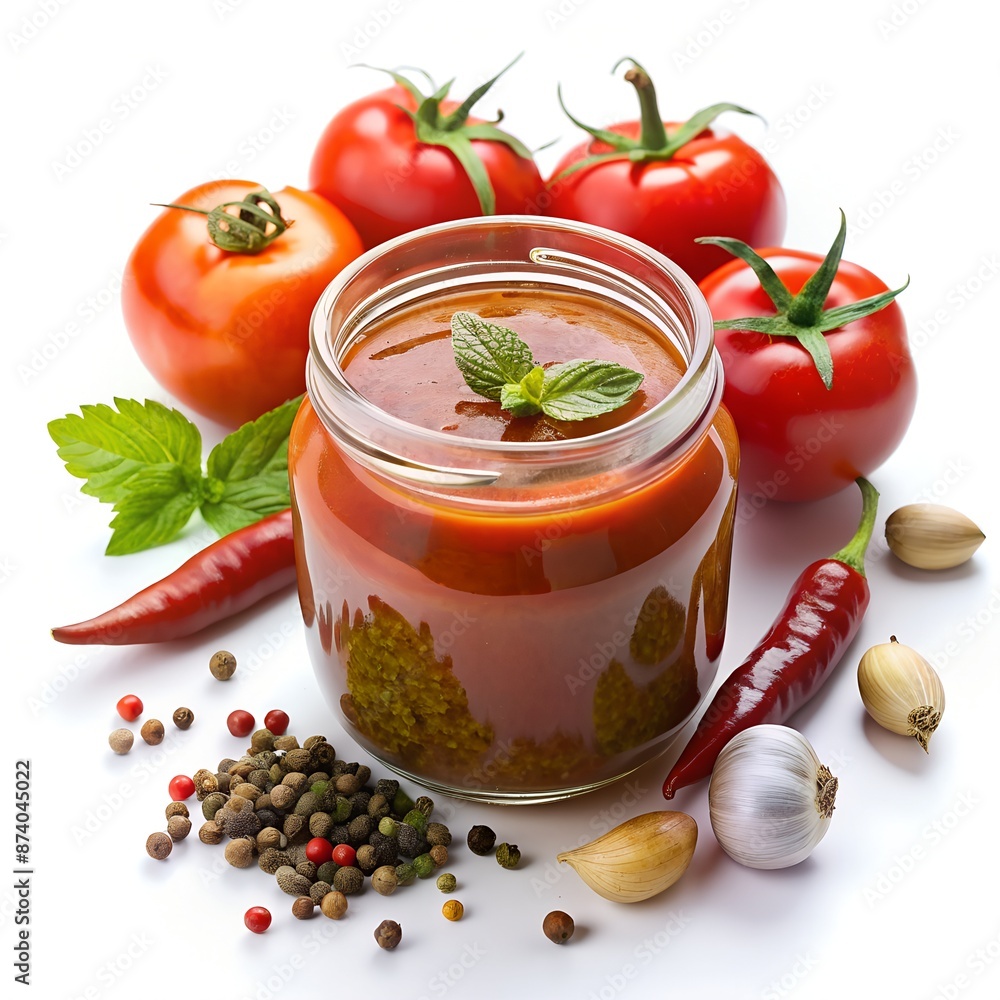 Tomato Puree Jar with Spices Isolated White Background Tomato Puree Jar with Spices Isolated White Background