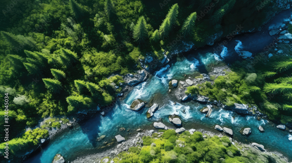 Aerial view of the mountain river in the forest,, generative ai Aerial view of the mountain river in the forest,, generative ai