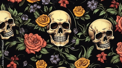 Seamless pattern with skulls and flowers. Halloween illustration., generative ai