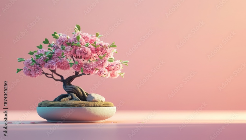 Elegant bonsai tree with vibrant pink blossoms in a minimalist setting against a soft pink background, evoking peace and tranquility. Elegant bonsai tree with vibrant pink blossoms in a minimalist setting against a soft pink background, evoking peace and tranquility.