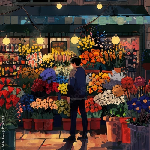 A man standing and looking flowers Among the many flowers in the flower shop, at night, illustration,  photo