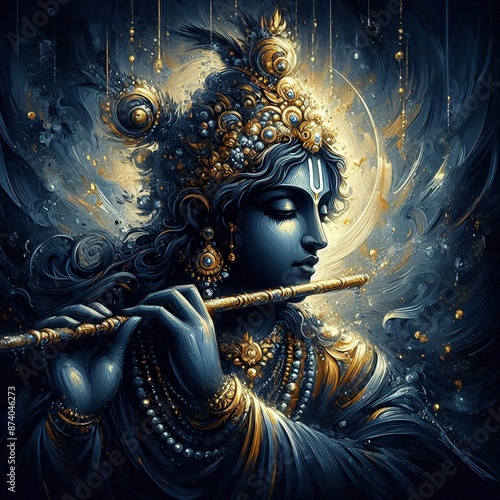 beautiful dark blue and golden oil paint brush stroke art of lord krishna with flute portrait