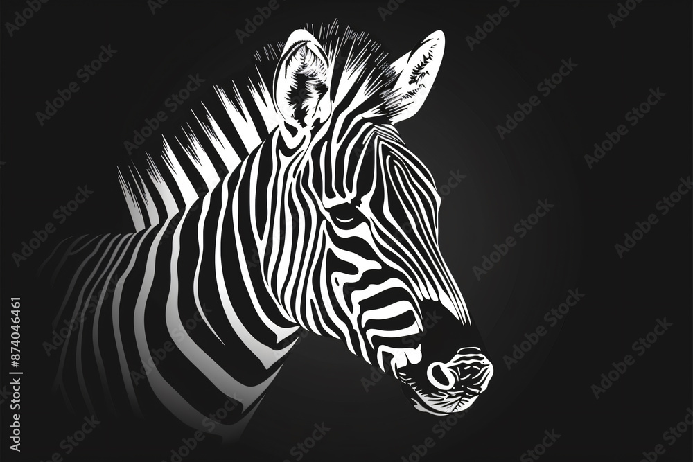 Fototapeta premium Black and white zebra portrait on black background, silhouette of majestic animal, wildlife photography, vector illustration. Black & white zebra on isolated background