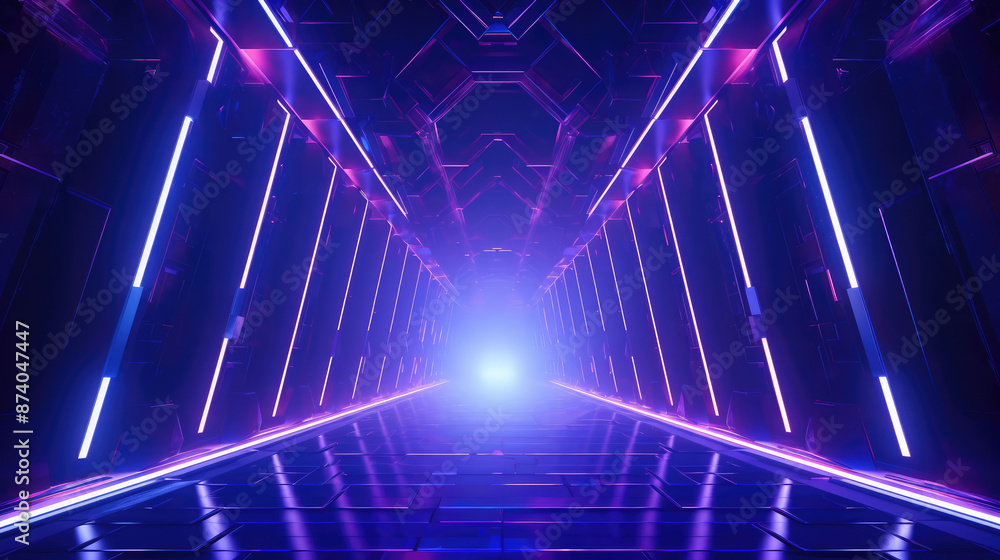 Obraz premium 3d abstract background, futuristic tunnel corridor, neon lights, generative ai