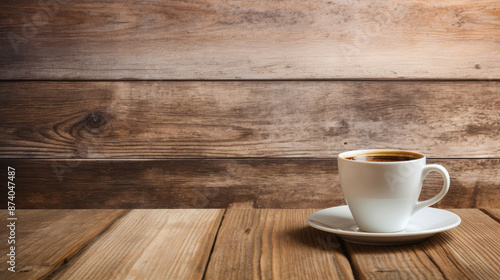 Coffee cup on wooden table in front of wooden wall., generative ai