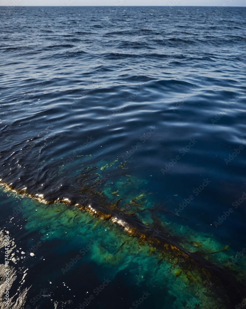 Fototapeta premium High-quality photograph of an oil spill in the ocean, showing the stark contrast between the vibrant colors of the spill and the dark water.