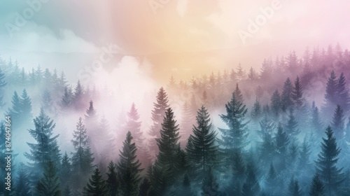 Colorful misty forest landscape during dawn with pine trees and fog. Perfect for nature, tranquil, and serene themed concepts. © Supranee
