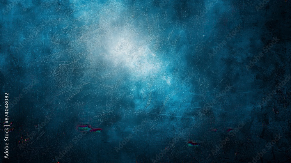 Naklejka premium Abstract blue background with bright center spotlight and dark vignette border frame with vintage grunge background texture.