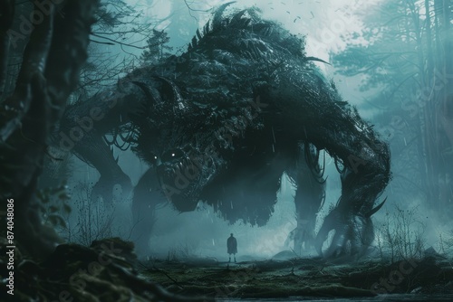 Person stands before an enormous mythical creature shrouded in fog within a haunting forest