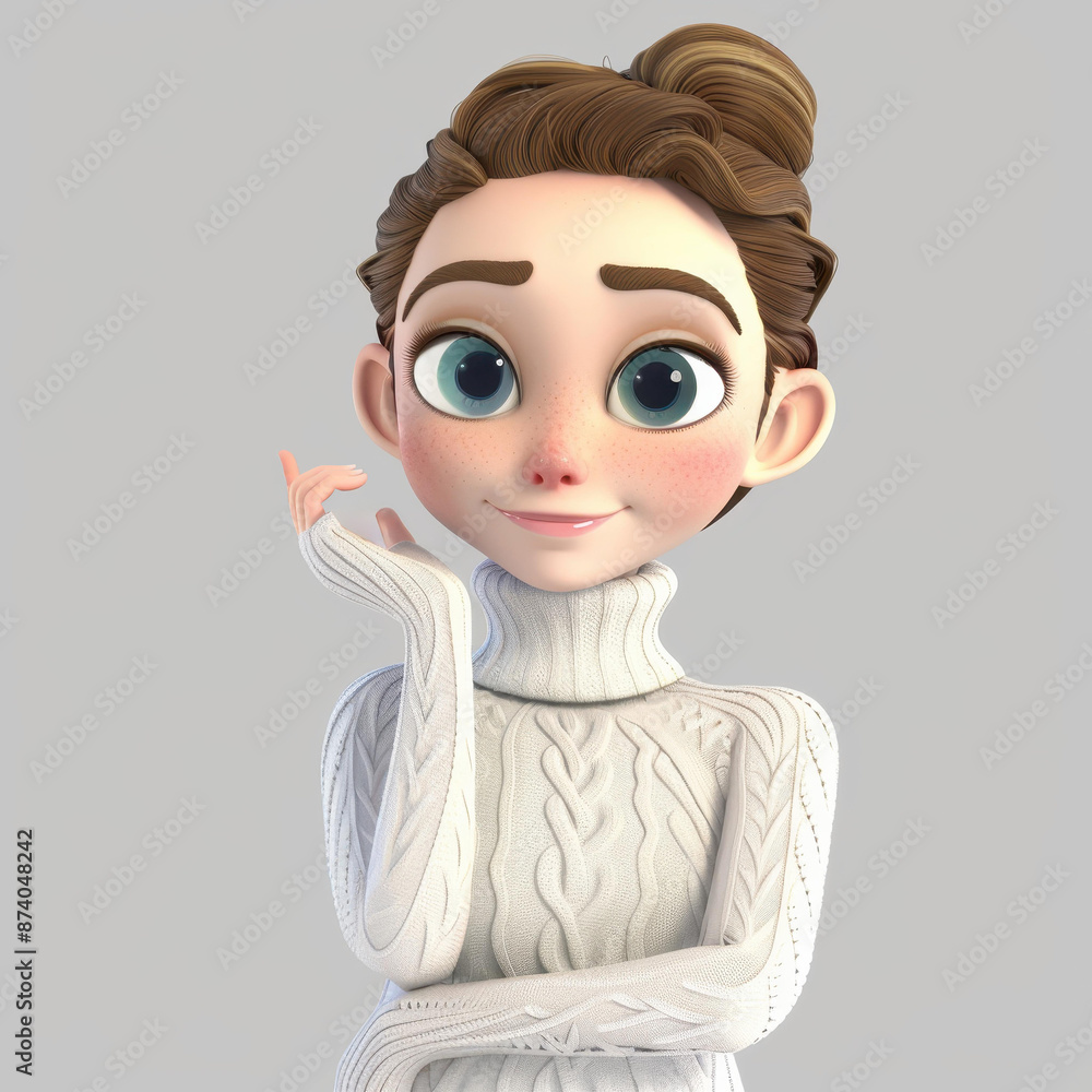 Cartoon girl in 3D style with turtleneck sweater in Blender  high quality, cute design, clean background.