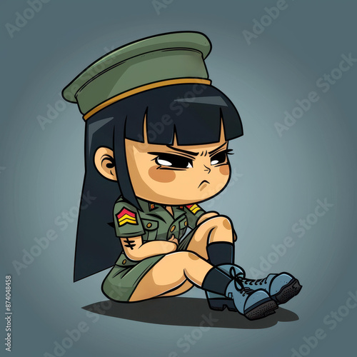 Humorous cartoon Angry Asian girl in general outfit gets a foot massage, cute and funny illustration. photo