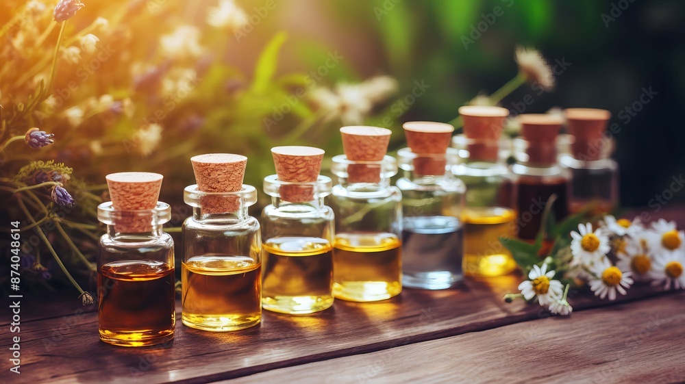 Homeopathy in small jars. Herbal extract. Selective focus. Generative AI, Homeopathy in small jars. Herbal extract. Selective focus. Generative AI,