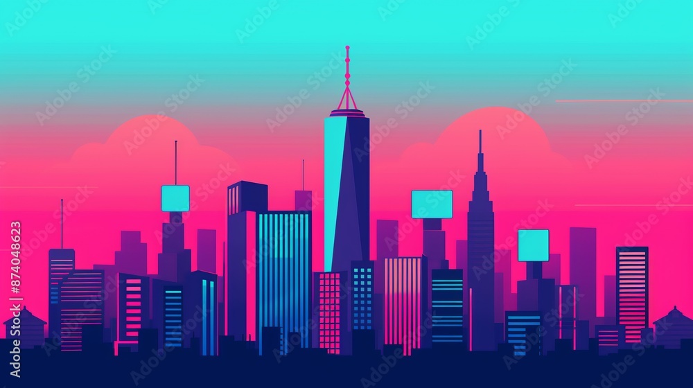 Naklejka premium Illustrate a high-tech city skyline with futuristic skyscrapers and digital billboards, capturing the dynamic energy of urban life in a technologically advanced society. Illustration, Image, ,