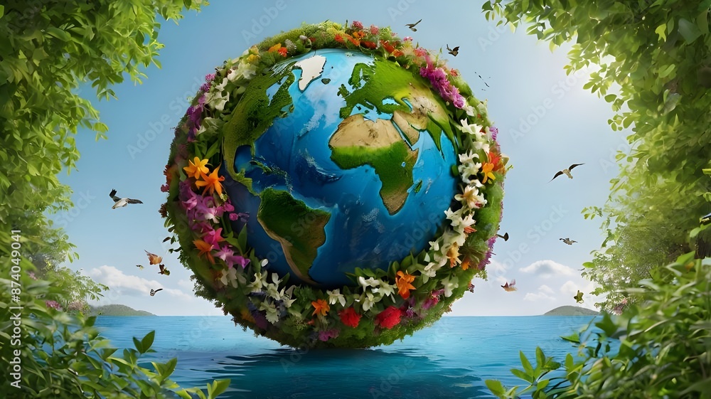 Naklejka premium Eco-Friendly Globe on Blue Water: Vibrant Forests, Flowers, and Birds in Pristine White Background