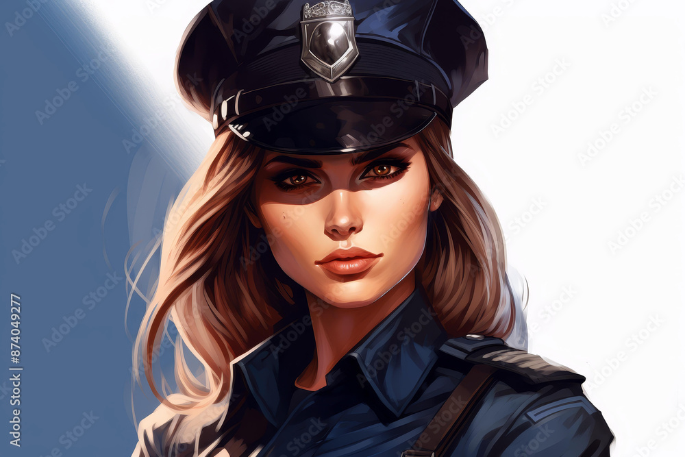 Digital illustration of a young, beautiful female cop in uniform, showcasing a detailed and captivating facial expression. Digital illustration of a young, beautiful female cop in uniform, showcasing a detailed and captivating facial expression.