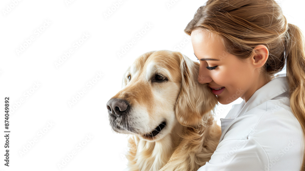 Veterinarian hugging a golden retriever dog against a white background. Animal care, pet health, veterinary medicine, bonding, compassion. Veterinarian hugging a golden retriever dog against a white background. Animal care, pet health, veterinary medicine, bonding, compassion.
