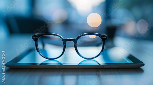 Several trendy stylish glasses and flowers arranged on a beige background, top view. Concept of optics, glasses shop, and frames.