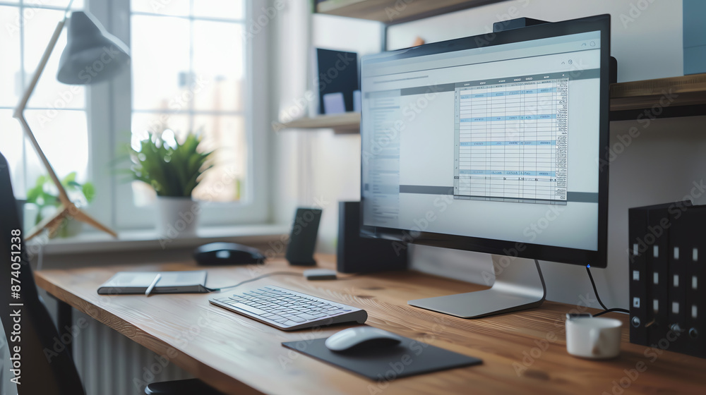 Home office setup with a desktop computer and a printed goals sheet, photorealistic 8K, detailed planning Home office setup with a desktop computer and a printed goals sheet, photorealistic 8K, detailed planning
