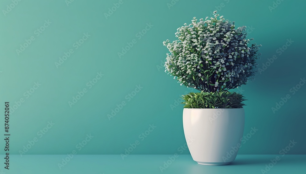 Elegant 3D rendering of a plant in a white pot on a vibrant green Eco-Blue backdrop, showcasing minimalist design. Elegant 3D rendering of a plant in a white pot on a vibrant green Eco-Blue backdrop, showcasing minimalist design.