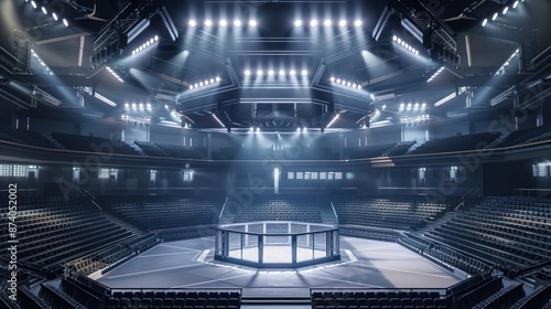Empty Octagon Cage in a Modern Arena