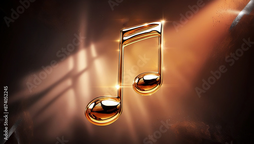 Golden music notes on a defocused brown background, Golden musical note floating on a dark abstract background