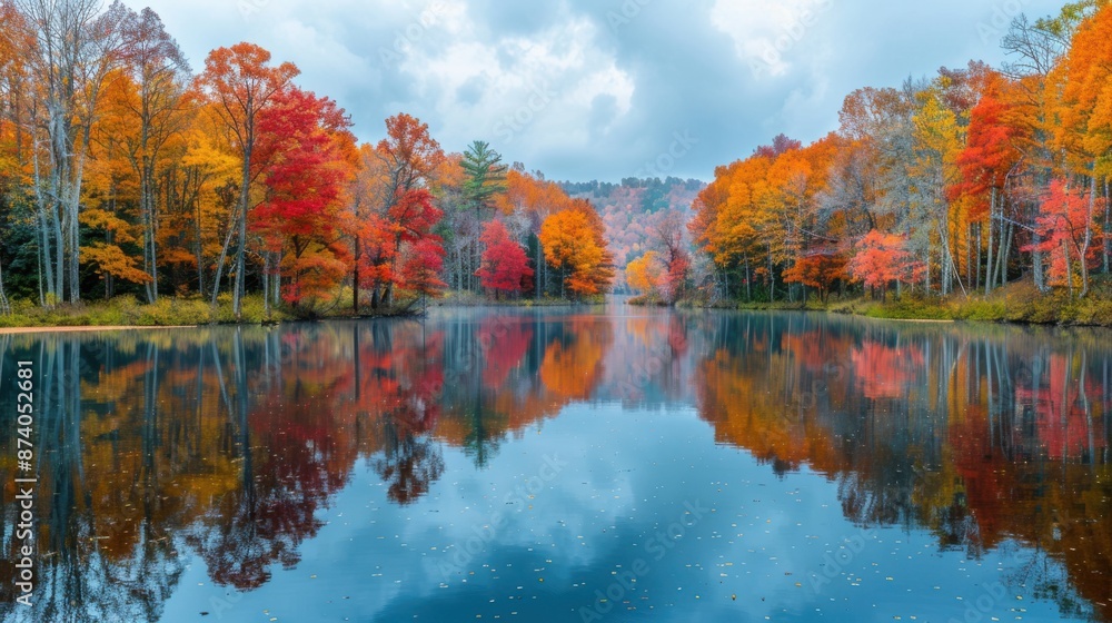 Fototapeta premium Tranquil Autumn Scene: Serene Lake Reflecting Colorful Fall Foliage