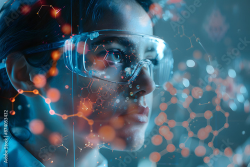 Wallpaper Mural A young scientist with a double exposure of a laboratory and molecular structures, symbolizing groundbreaking research in biotechnology Torontodigital.ca