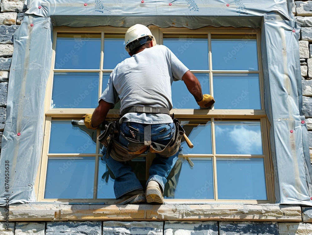 Fototapeta premium A construction worker is on a roof, working at a construction site