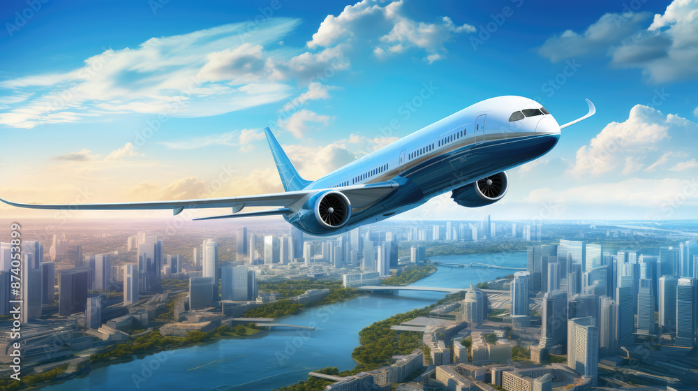 Airplane flying over the city. 3d illustration. Clip-art, generative ai Airplane flying over the city. 3d illustration. Clip-art, generative ai