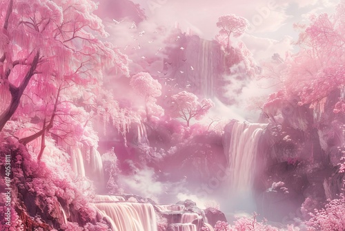 Digital artwork of a fantasy landscape with pink trees, majestic waterfalls and a flock of birds