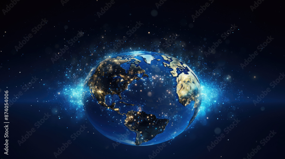 Naklejka premium Globe of the planet Earth with blue lights and particles., generative ai