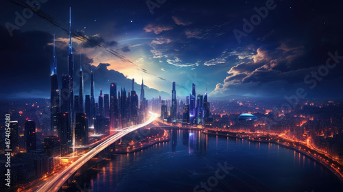 city at night in the future. Globalization concept., generative ai © Fang