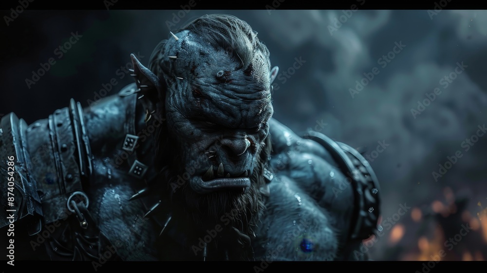 A fierce orc warrior stands amidst a fiery battlefield, his face hardened with determination and his eyes blazing with rage. A fierce orc warrior stands amidst a fiery battlefield, his face hardened with determination and his eyes blazing with rage.