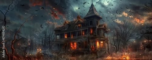 A spooky haunted house with glowing windows under a dark, stormy sky, surrounded by eerie, leafless trees and flying crows.