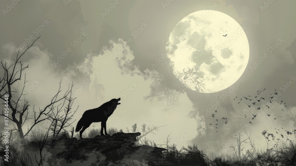 Silhouette of a howling wolf under a full moon in a misty night sky, creating an eerie and mysterious atmosphere.