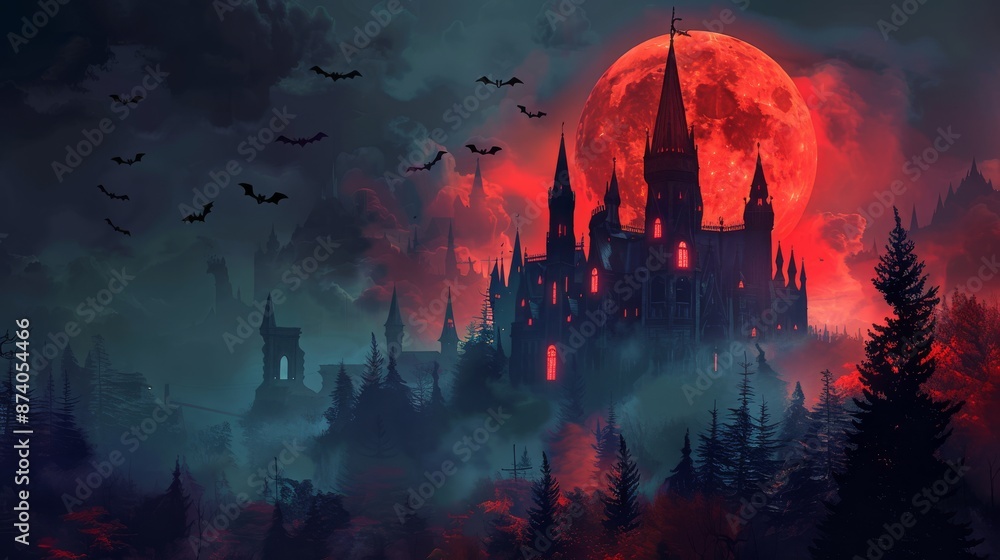 Fototapeta premium Spooky gothic castle under a red moon, surrounded by bats and misty forest. Perfect for Halloween themes and dark fantasy settings.