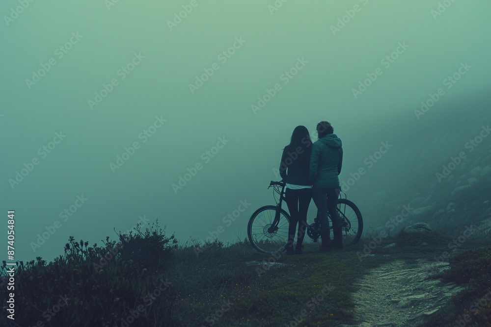 Obraz premium senior couple cycling in the evening sunset, in the style of synthetism-inspired,