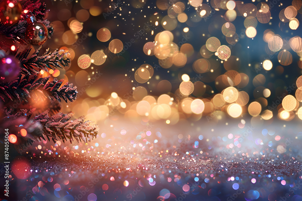Abstract of christmas and bokeh light with glitter background. Christmas decorations and Christmas tree. Beautiful dark background with sparkling spots, glitter and confetti. Holiday Abstract of christmas and bokeh light with glitter background. Christmas decorations and Christmas tree. Beautiful dark background with sparkling spots, glitter and confetti. Holiday