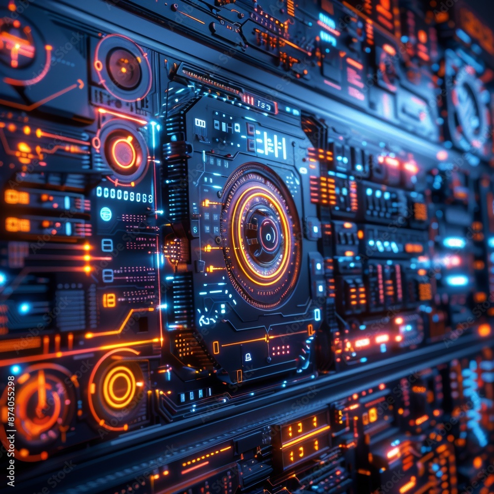 Obraz premium Futuristic Cyberpunk Digital Board with Multicolor High-Tech Elements