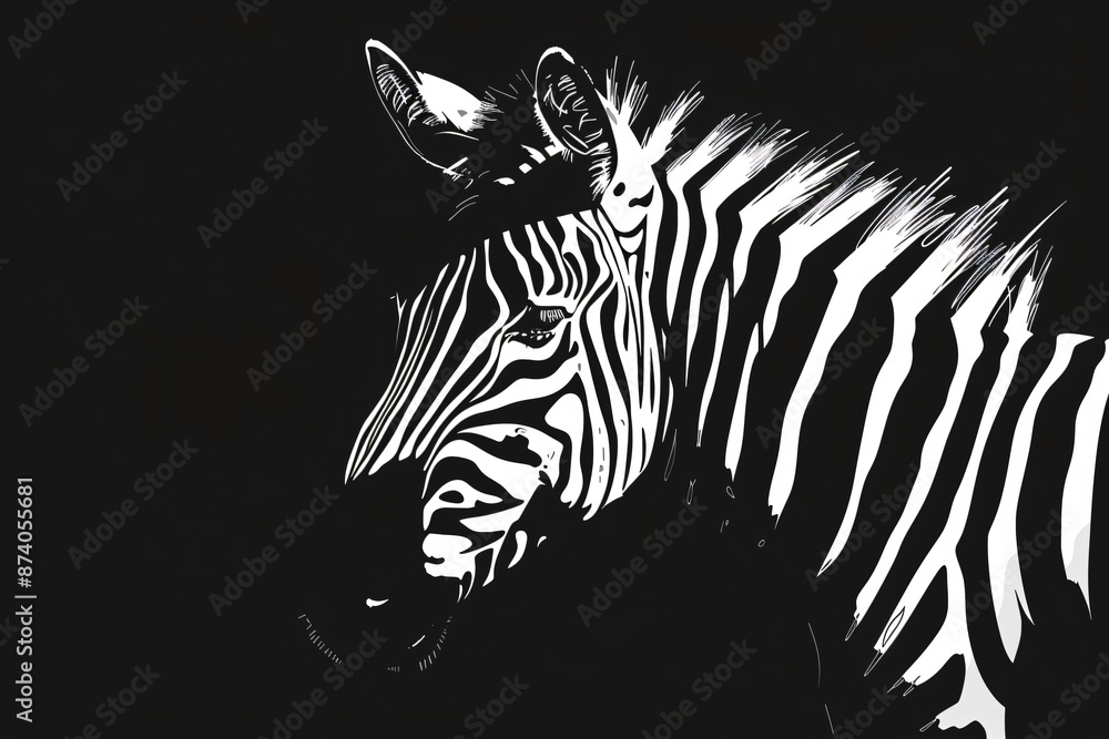 Black and white zebra portrait on black background, silhouette of majestic animal, wildlife photography, vector illustration. Black & white zebra on isolated background Black and white zebra portrait on black background, silhouette of majestic animal, wildlife photography, vector illustration. Black & white zebra on isolated background