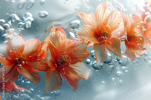 a group of orange flowers floating on top of water. photo