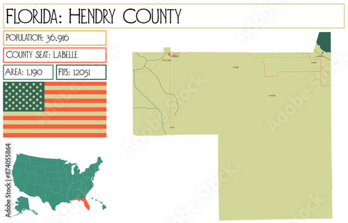 Large and detailed map of Hendry County in Florida USA.