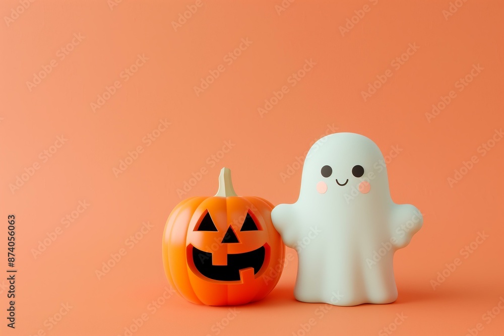 3d render style kawaii Halloween sheet ghost with a jack o lantern pumpkin on an orange solid color background 3d render style kawaii Halloween sheet ghost with a jack o lantern pumpkin on an orange solid color background